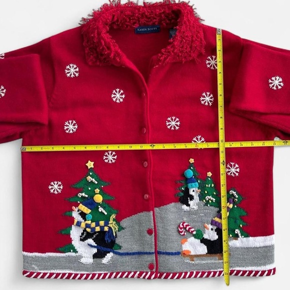 Vintage Karen Scott Red Knit Embroidered Christmas Penguin Ugly Sweater Cardigan - Picture 6 of 7